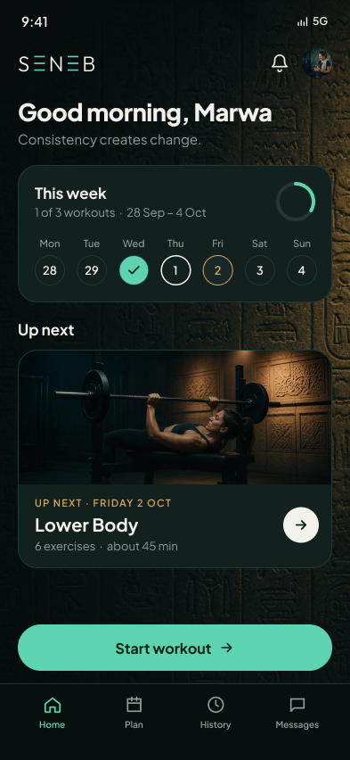SENEB app home screen with this week's progress and the next workout